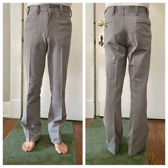 Vtg 70s brown, gray & tan patterned double knit pants - Picture 1 of 7